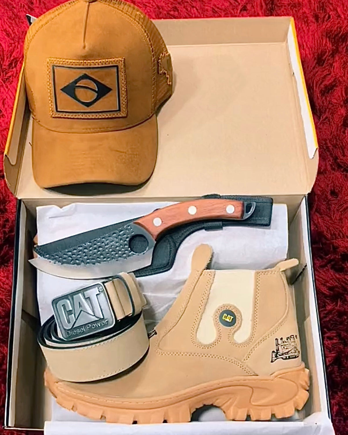 Kit Caterpillar - Botina + Boné + Cinto + Faca (Oferta do trabalhador, Só Hoje!)